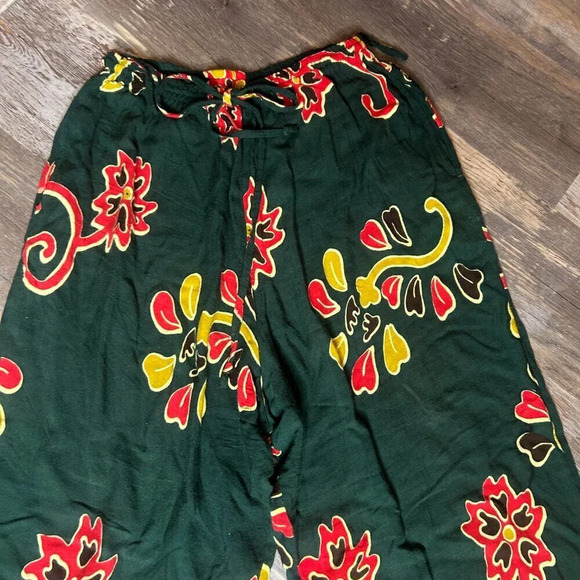 Kimia Collection Boho Hippie Green Floral Drawstring Casual Rayon Pants - Picture 4 of 6